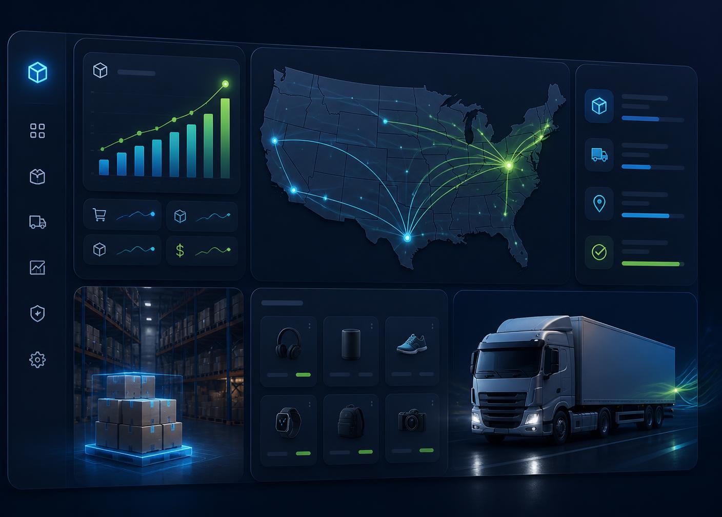 Fahad Outlet warehouse dashboard showing US shipping routes, live order analytics, and same-day fulfillment